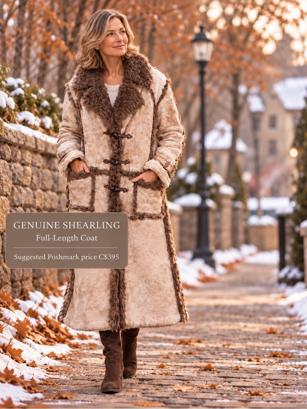 SHEARLING FULL LENGTH STUNNING COAT WITH 2 LEATHER DEEP POCKETS